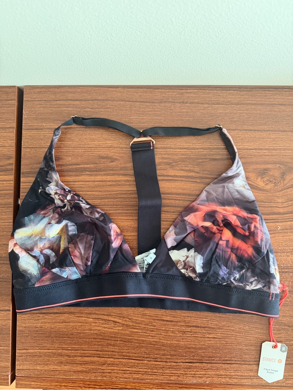 Stance Floral Mesh T-Back Bralette in Black and Rose